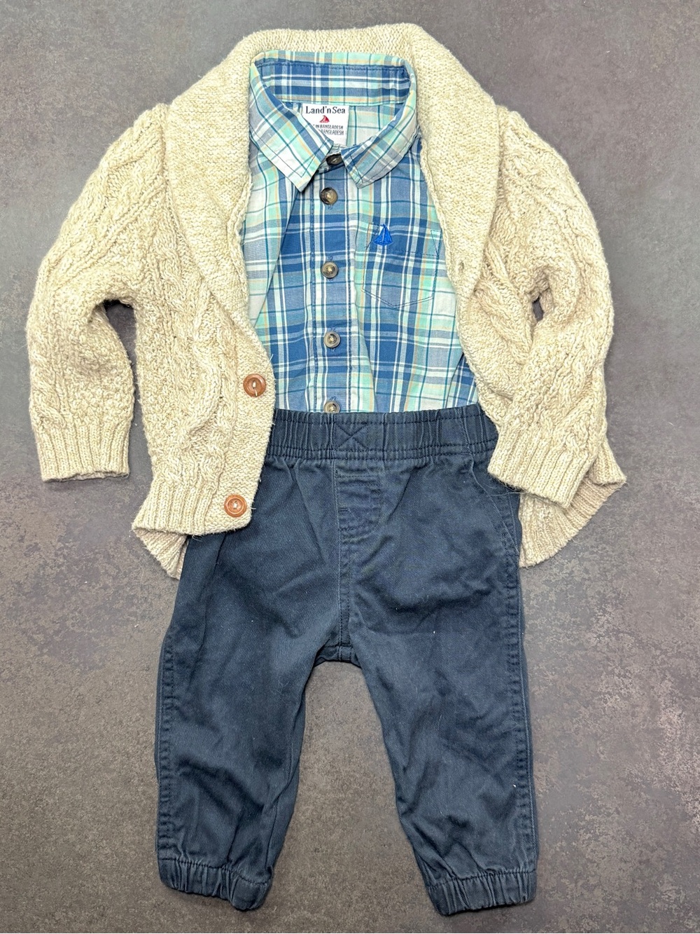H&M Cardigan Land’n Sea Plaid Bodysuit Shirt Wrangler Pants 3pc Outfit Set 9M